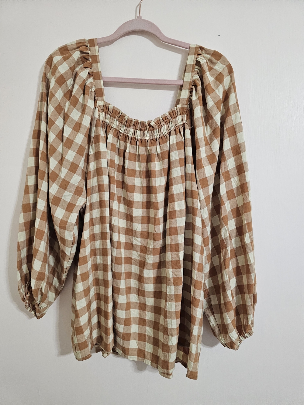 JODIFL 1X Tan and Cream Gingham Peasant Tunic Square Neck